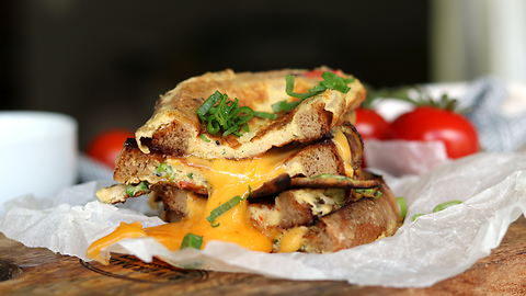 Mouthwatering grilled cheese omelette sandwich