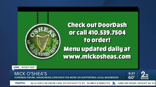 Mick O'Shea's says "We're Open Baltimore!"