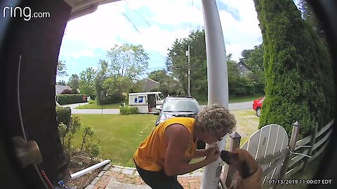 Mail Carrier Greets Dog In Sweet Security Footage