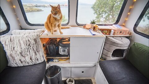 space saving DIY cabinet build with sliding doors for vanlife and RV.