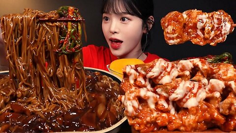 Crispy Sweet Chili Fried Chicken and Spicy Jjajangmyeon Mukbang ASMR