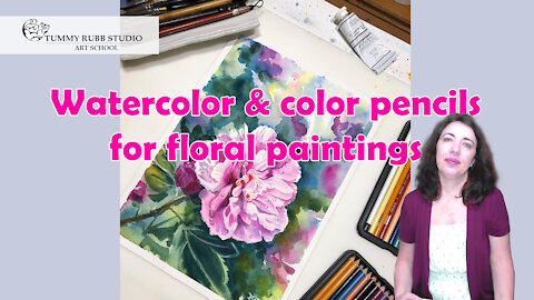 How to paint flowers with watercolor and color pencils: Rose of Sharon