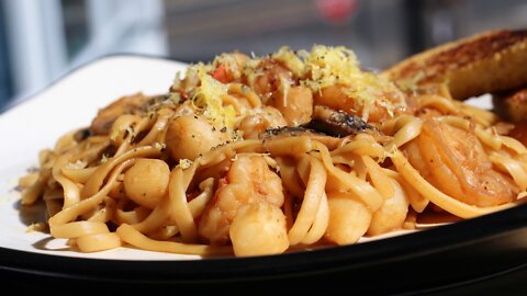 Spicy Miso Pasta with Scallops and Shrimp
