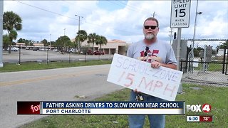 Father asking drivers to slow down in school zone