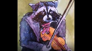Drawing a raccoon with a fiddle in the forest