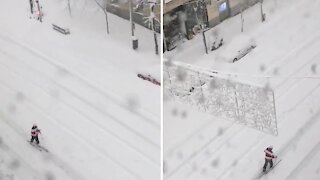 Rare snowfall on Goya Street in Madrid due to Storm Filomena