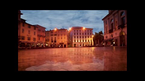 Rain on the empty Piazza Riforma late evening, relaxing sound of rain hitting the stone laid square.