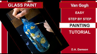 Starry Night on a wine bottle. Painting with glass