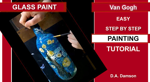 Starry Night on a wine bottle. Painting with glass