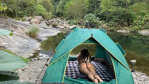 SOLO ASMR 🔥 CAMPING LONELY GIRL SKINNY DIPPING 🥰 WATERFALL AND HEALING SOUNDS OF NATURE⛰