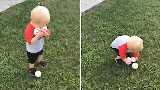 Toddler Hilariously Struggles To Pick Up Three Balls At Once
