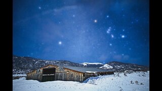 Winter Night Landscape, Orion's Belt, Abandoned Barn (Light Painting)