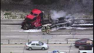 Crews clean up after fiery semi-truck crash on I-435