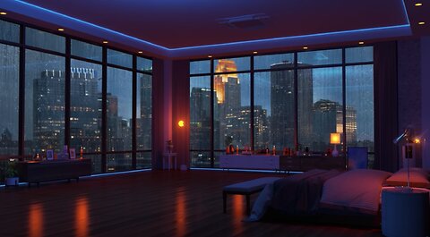 Listen to peaceful sound of rain in your cozy bedroom with a city night view. 8 hours white noise