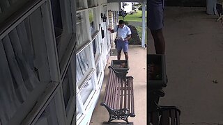 Mailman saying hi to cats - too funny