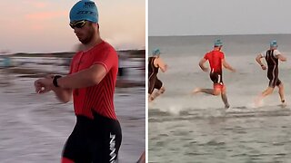 Triathlon athletes walk on water due to shallow swim conditions