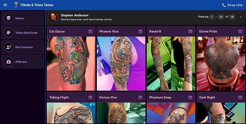 Thistle & Thorn Tattoo Website - NFT Use Case 2 - Digital Tattoo Portfolios by Dig-A-Hash