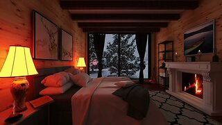 Cozy Winter Bedroom Retreat: Crackling Warm Fire and a Snowy View