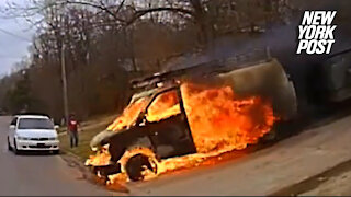 Flaming van rolls down steep driveway in fiery video