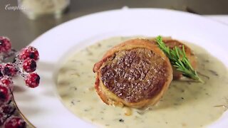Beef fillet, bacon and mushroom sauce