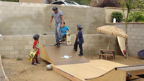 Dad Tries Out A New Skating Ramp With His Boys