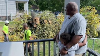 Tree service companies remove massive tree from veteran's house free of charge