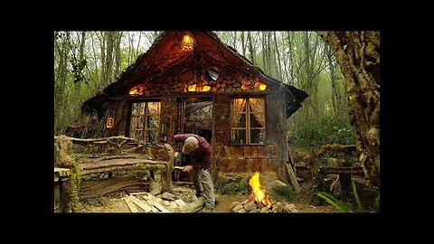 Rainy Night at a Forest Hut- Making of a natural chair - Hut with Fireplace #5