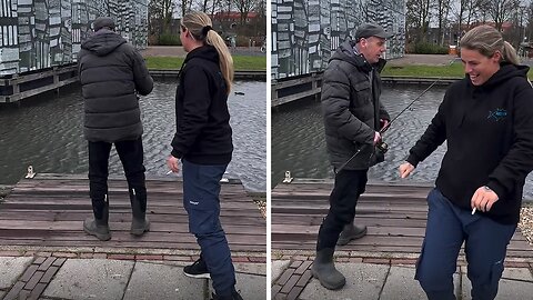Daughter pranks dad with hilarious rod tap while fishing