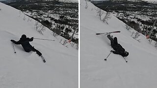 Unskilled skier falls down on slope and can't stop sliding