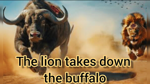 The lion takes down the buffalo