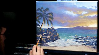Acrylic Landscape Painting of a Rocky Beach at Sunset - Time Lapse - Artist Timothy Stanford