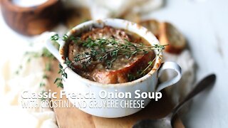 Classic French Onion Soup Recipe with Crostini and Gruyere Cheese