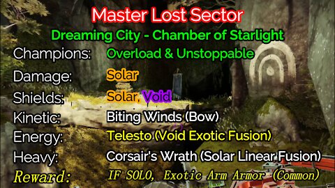 Destiny 2, Master Lost Sector, Chamber of Starlight on the Dreaming City 12-14-21