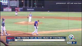 Tim Tebow gets head in head by baseball, stays in game