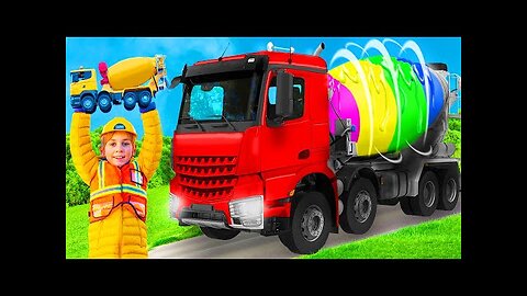 The kids play with a concrete mixer, excavator, fire truck, police cars other toy vehicles!