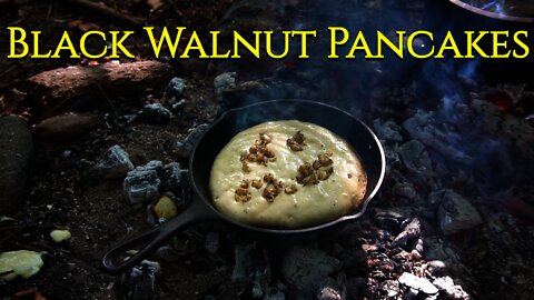 Black Walnut Pancakes and Hickory Nut Milk cooked on a bushcraft campfire. Harvesting and processing