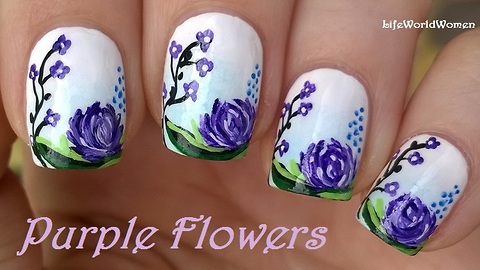 Purple flower nail art: Acrylic paint