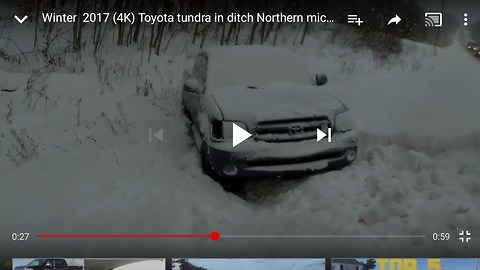 (4k) dash cam Toyota Tundra 20 feet in ditch drive by slot mo and walk around northern accident