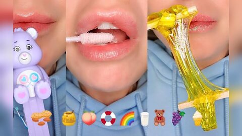 ASMR Satisfying Eating Emoji Food SPOOLIE KONJAC JELLY PEZ NERI AME Mukbang
