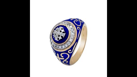 14K Gold Halo Christian Signet Ring with 35 Diamonds and Blue Enamel