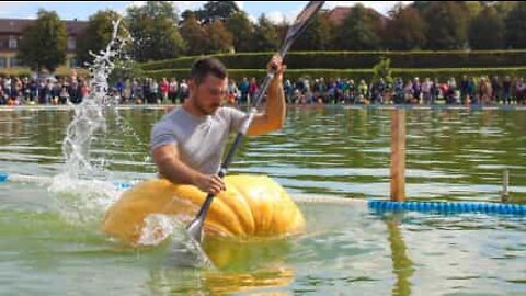 Man uses pumpkin as canoe!