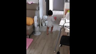 Toddler adorably plays fetch with her puppy