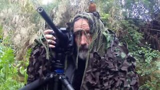 Bird mistakes camouflaged photographer for bush