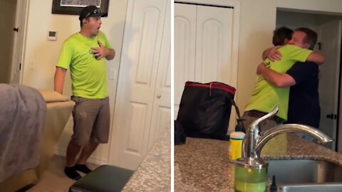 Dad's homecoming surprise totally shocks his son