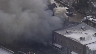 AirTracker 5 is over a massive fire in downtown Grafton