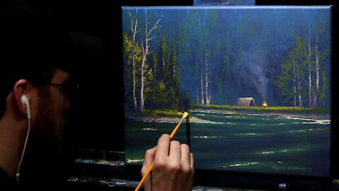 Acrylic Landscape Painting of a Forest Lake & Campfire - Time Lapse - Artist Timothy Stanford