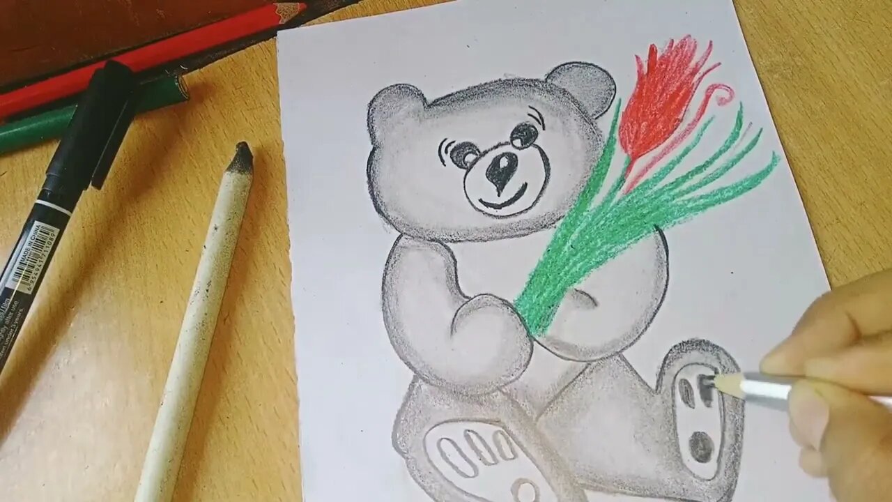 Premium Photo | Coloring pages for kids of teddy bear with pencil and heart  generative ai