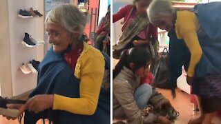 Shoeless indigenous elder surprised with new sandals