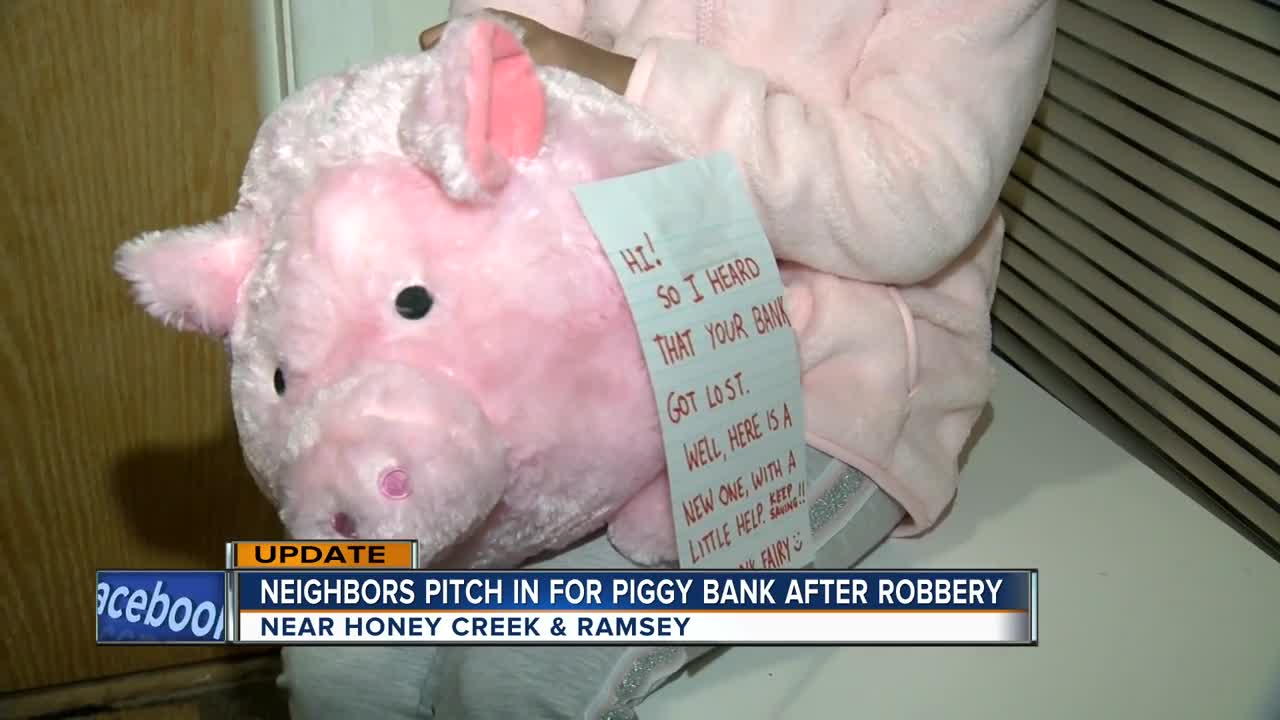 After thief steals little girl's piggy bank, "The Bank Fairy" replaces it and neighbors help fill it