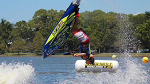 Guy completes 11 consecutive back flips on jet ski before crashing